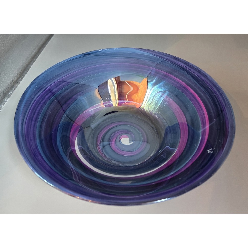 Purple Striped Bowl 8" Wide Hand Blown Art Glass Vibrant And Reflective.